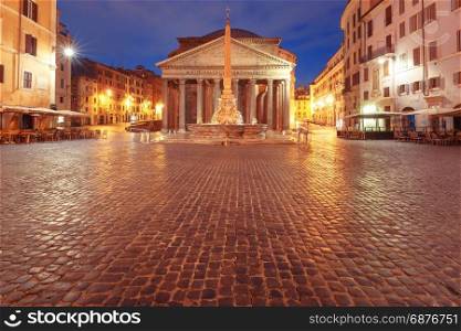 The Pantheon at night, Rome, Italy. The Pantheon, former Roman temple of all gods, now a church, and Fountain with obelisk at Piazza della Rotonda, at night, Rome, Italy
