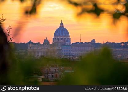 The Papal Basilica of Saint Peter and Vatican city sunset view, Rome landmarks in capital city of Italy