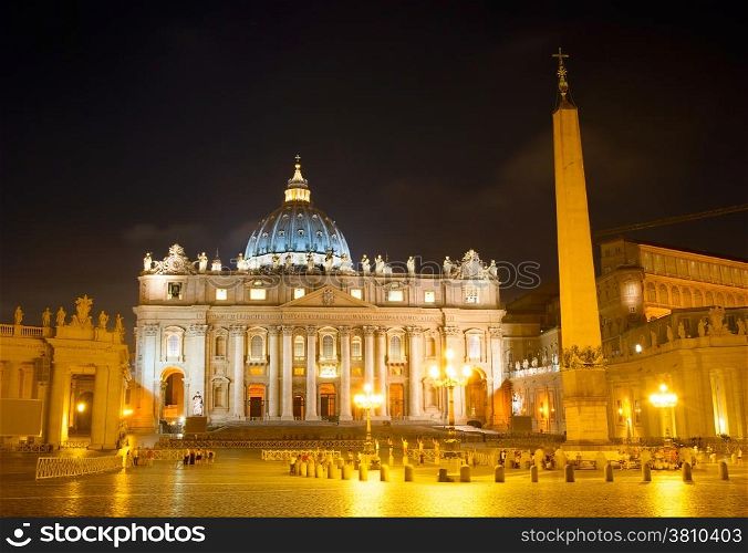 The Papal Basilica of Saint Peter in the Vatican at night&#xA;