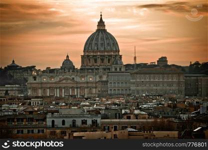 The Papal Basilica of Saint Peter in Vatican dramatic dawn view, Rome landmarks in capital city of Italy