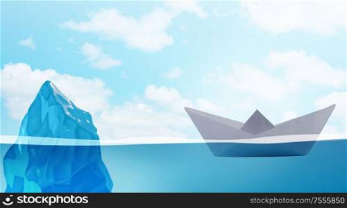The paper boat almost hitting iceberg - 3d rendering. Paper boat almost hitting iceberg - 3d rendering
