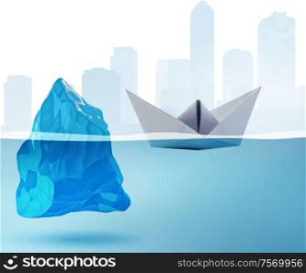 The paper boat almost hitting iceberg - 3d rendering. Paper boat almost hitting iceberg - 3d rendering