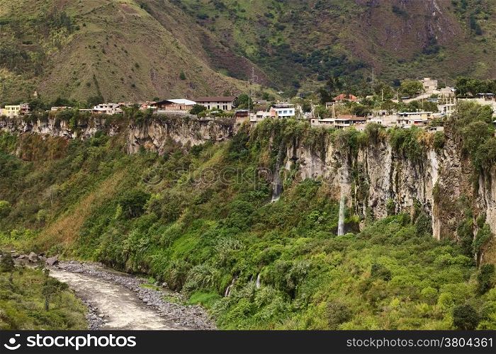 The Pastaza River and the small town of Banos in Ecuador on the cliffs with some waterfalls dropping down