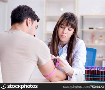 The patient during blood test sampling procedure taken for analysis. Patient during blood test sampling procedure taken for analysis