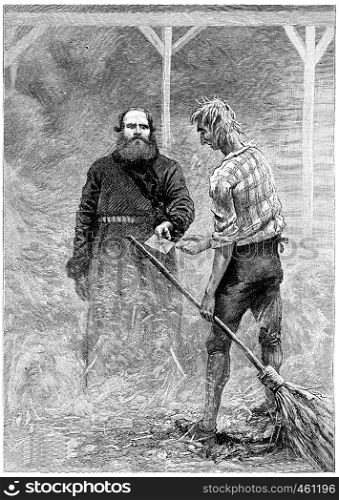 The peasant handed a letter, vintage engraved illustration. Jules Verne Cesar Cascabel, 1890.
