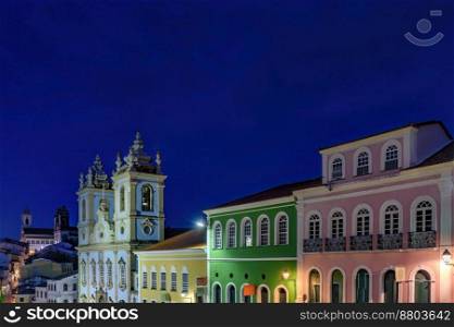 The Pelourinho neighborhood in Salvador seen at night with its historic houses and churches illuminated. The Pelourinho neighborhood in Salvador seen at night