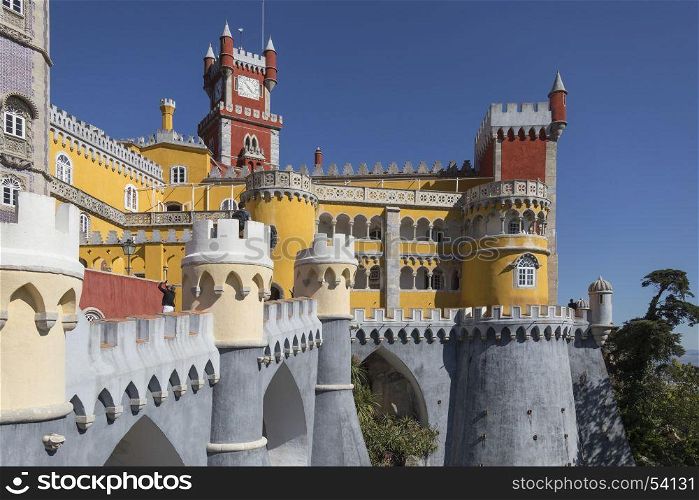 The Pena National Palace at Sintra near Lisbon in Portugal. Originally built on the Monastery of Nossa Senhora da Pena, and renovated extensively through the initiative of Ferdinand II of Portugal. A UNESCO World Heritage Site.