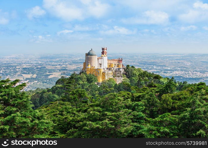 The Pena National Palace is a Romanticist palace in Sao Pedro de Penaferrim, Sintra, Portugal