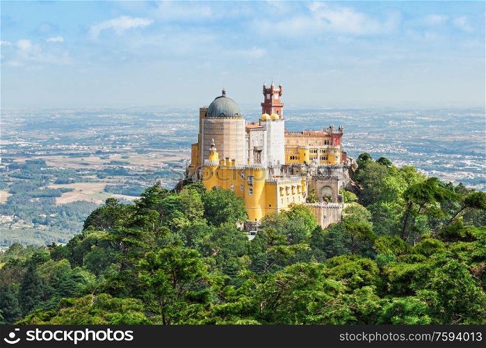 The Pena National Palace is a Romanticist palace in Sao Pedro de Penaferrim, Sintra, Portugal