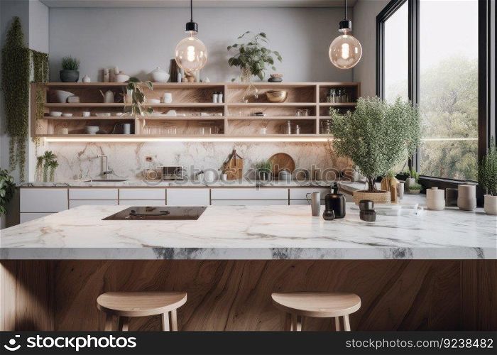 The perfect kitchen for the modern family, with a simple yet sophisticated design, sleek marble countertop, and practical appliances. Created using Generative AI.