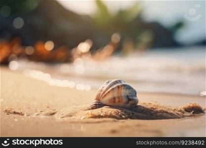The perfect vacation spot  a sandy beach with a beautiful seashell and the blue ocean as the background, ideal for relaxation and≤isure. AI Ge≠rative.