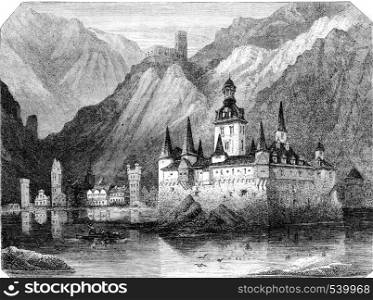 The Pfalz, Rhine castle, vintage engraved illustration. Magasin Pittoresque 1857.