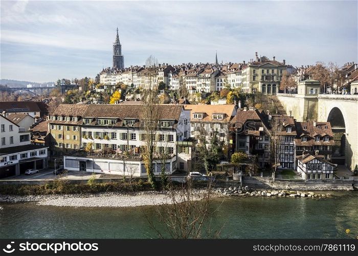 The picturesque city of Bern as viewed from across the River Aare. Bern is the capital city of Switzerland.