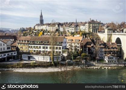 The picturesque city of Bern as viewed from across the River Aare. Bern is the capital city of Switzerland.