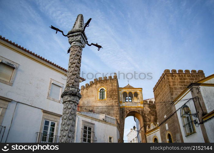 the Pillory at the Largo de Santa Clara in the old town in the city of Elvas in Alentejo in Portugal. Portugal, Elvas, October, 2021