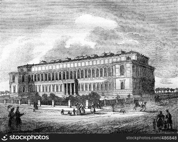 The Pinacotheque, painting museum, in Munich, vintage engraved illustration. Magasin Pittoresque 1836.