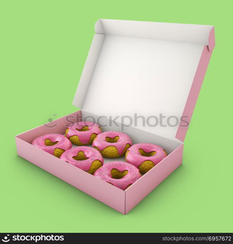 The pink donuts. Donuts with pink icing in the box. 3d rendering.