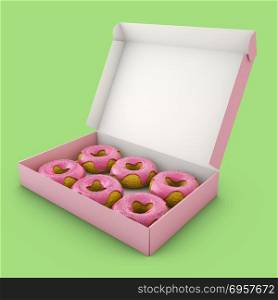 The pink donuts. Donuts with pink icing in the box. 3d rendering.