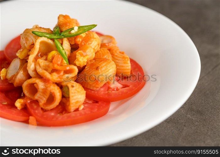 The pipe rigate italian pasta with tomato sauce and egg, chili and fresh tomato slice in white plate, copy space and selective focus