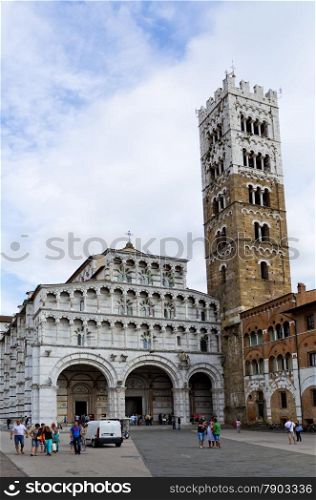 The Pisan-Romanesque Cathedral of Saint Martin and Campanile in Lucca, Tuscany, Italy,