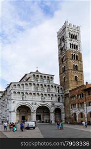 The Pisan-Romanesque Cathedral of Saint Martin and Campanile in Lucca, Tuscany, Italy,