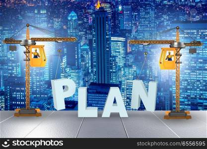 The plan and strategy concept with crane lifting letters. Plan and strategy concept with crane lifting letters. The plan and strategy concept with crane lifting letters