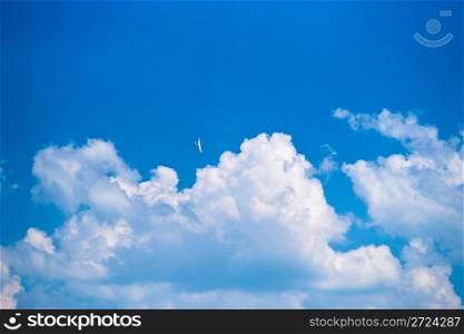The plane gliding in the cloudy sky