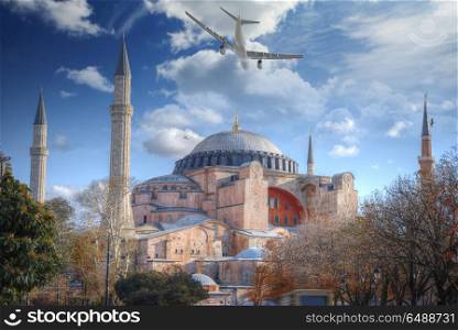 the plane is flying over Hagia Sophia (Ayasofya) Istanbul, Turkey. Hagia Sophia