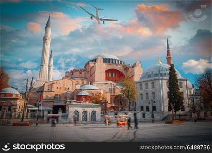 the plane is flying over Hagia Sophia (Ayasofya) .Istanbul, Turkey. Hagia Sophia