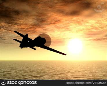 The plane on a background sunset. The drama sky and ocean