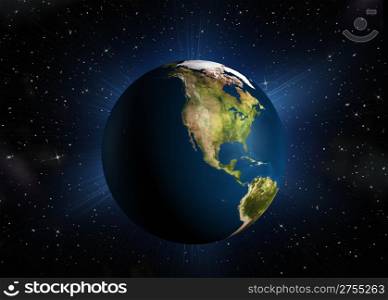 The planet earth.The North America. High-quality 3d rendering mother Earth with back illumination. Space with stars