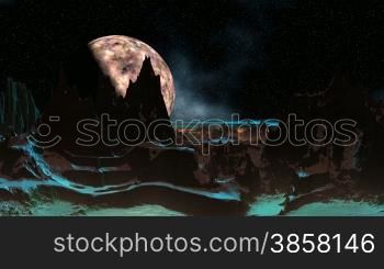 The planet floats against a mountain landscape. Snow reflects light in mountain peaks. The dark night sky is covered by stars. In lowlands the orange fog is shone.