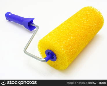 The platen for painting of surfaces of yellow color with the dark blue handle on a white background