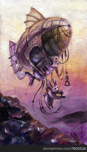 The plump rabbit is piloting a personal dirigible at sunrise. The oil painting on canvas.. Rabbit the Dirigible Pilot