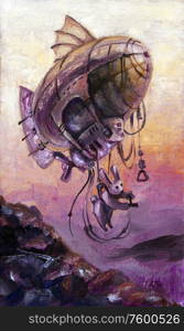 The plump rabbit is piloting a personal dirigible at sunrise. The oil painting on canvas.. Rabbit the Dirigible Pilot