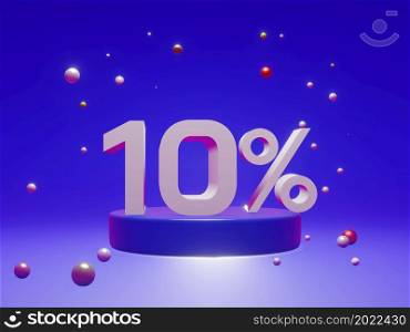 The podium shows up to 10% off discount concept banners, promotional sales, and super shopping offer banners. 3D rendering.
