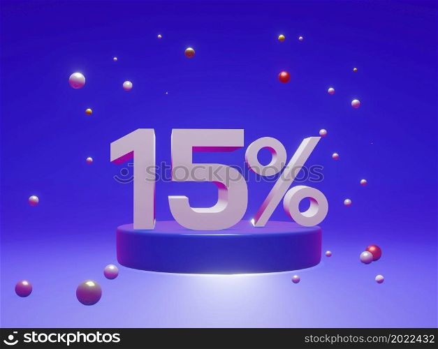 The podium shows up to 15% off discount concept banners, promotional sales, and super shopping offer banners. 3D rendering.