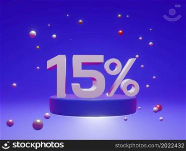 The podium shows up to 15% off discount concept banners, promotional sales, and super shopping offer banners. 3D rendering.