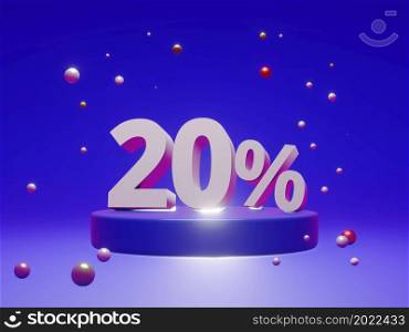 The podium shows up to 20% off discount concept banners, promotional sales, and super shopping offer banners. 3D rendering.