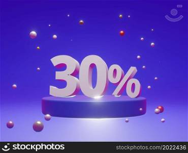 The podium shows up to 30% off discount concept banners, promotional sales, and super shopping offer banners. 3D rendering.
