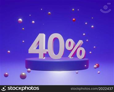 The podium shows up to 40% off discount concept banners, promotional sales, and super shopping offer banners. 3D rendering.