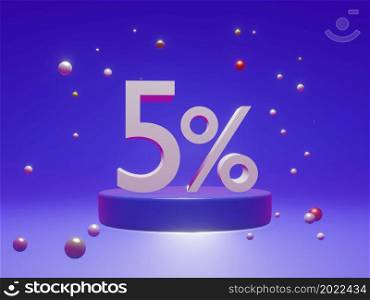 The podium shows up to 5% off discount concept banners, promotional sales, and super shopping offer banners. 3D rendering.