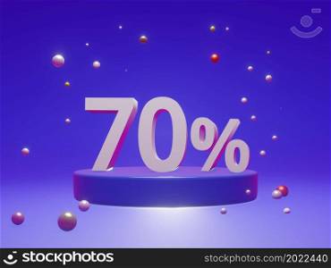 The podium shows up to 70% off discount concept banners, promotional sales, and super shopping offer banners. 3D rendering.