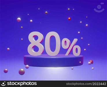The podium shows up to 80% off discount concept banners, promotional sales, and super shopping offer banners. 3D rendering.