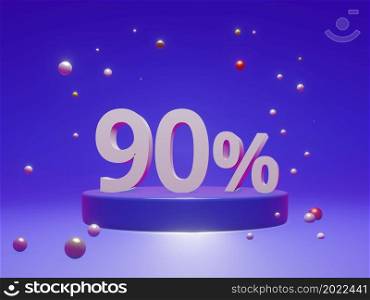 The podium shows up to 90% off discount concept banners, promotional sales, and super shopping offer banners. 3D rendering.