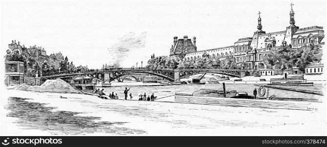 The Pont du Carrousel and the Louvre seen from the dock Malaquais, vintage engraved illustration. Paris - Auguste VITU ? 1890.
