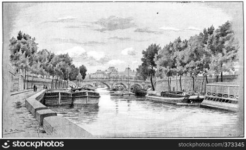 The Pont-Neuf and the Louvre seen from the Quai des Augustins, vintage engraved illustration. Paris - Auguste VITU ? 1890.
