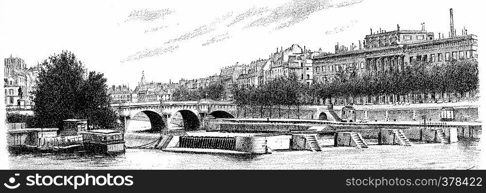 The Pont Neuf, the sluice and currency, vintage engraved illustration. Paris - Auguste VITU ? 1890.