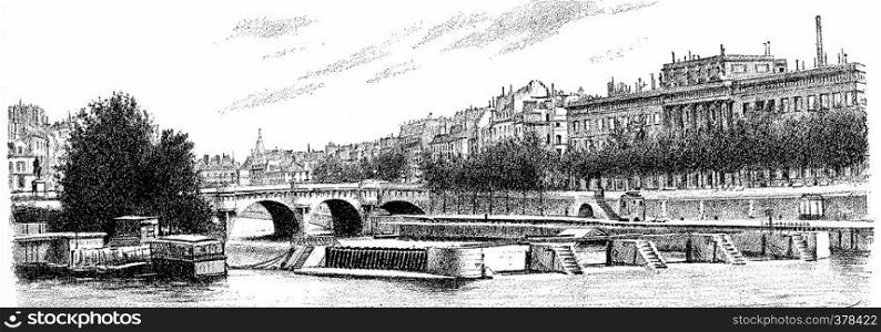 The Pont Neuf, the sluice and currency, vintage engraved illustration. Paris - Auguste VITU ? 1890.