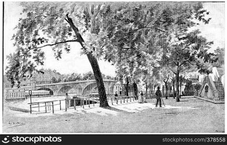 The Pont-Royal seen from the right bank, near the baths Vigier, vintage engraved illustration. Paris - Auguste VITU ? 1890.